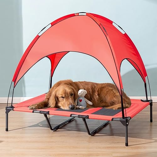 Miniatura 10 de Cama elevada impermeable para perros con toldo y malla de refrigeración – Cuna elevada portátil para perros grandes, tienda de campaña para