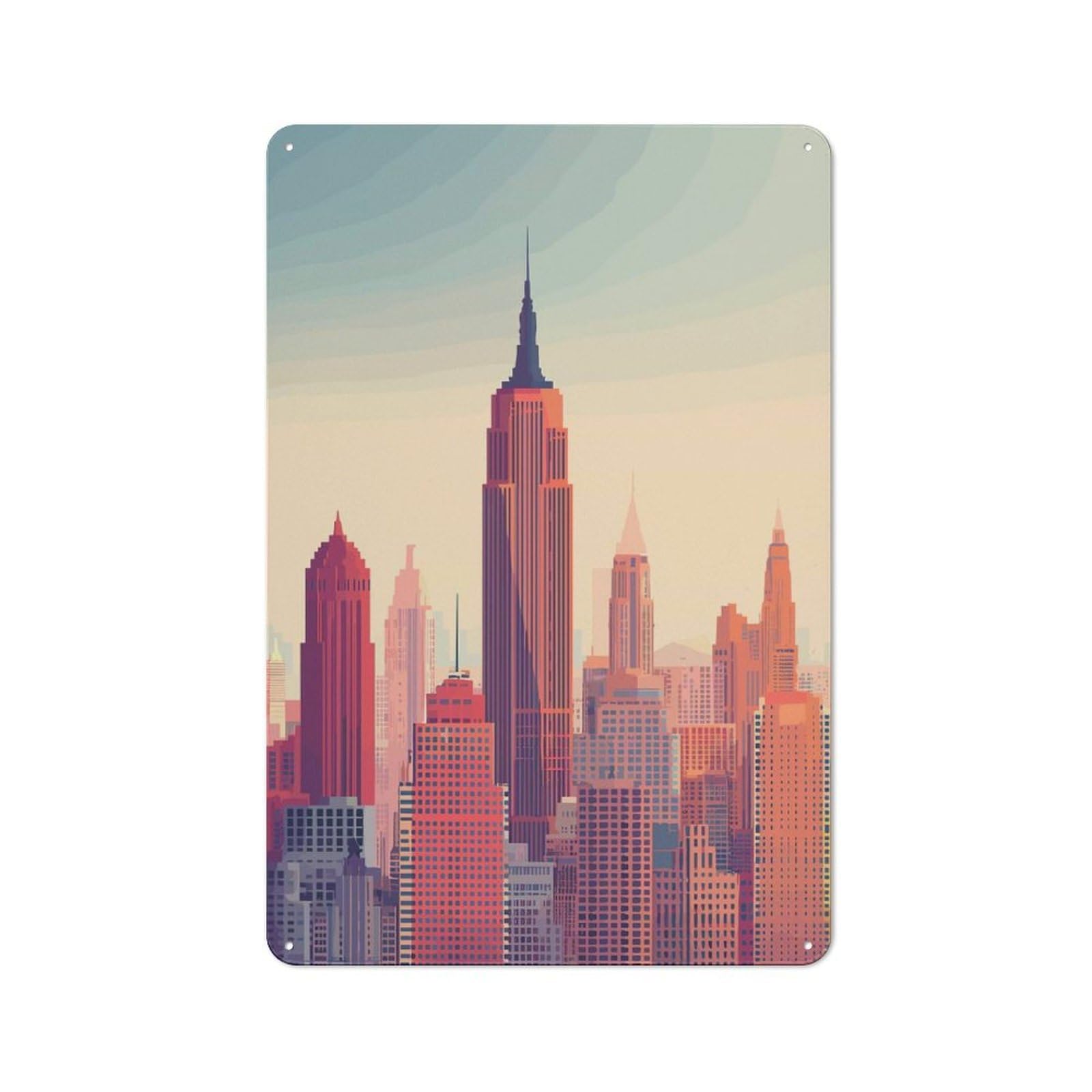 Junmoney Style-1 New York City Skyline At Sunset(4) Retro Tin Wall Plaque 30X20cm For Home Office Or Studio, For Cooler-Month Interiors With Retro Character