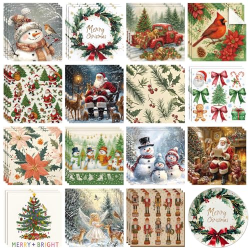Gueevin 45 Pack Vintage Winter Decoupage Napkins 15 Styles Assorted Retro Winter Decoupage Paper 13 x 13 Inch Victorian Snowy Snowman Paper Napkins for Crafts Christmas Dinner Wonderland Table Decor
