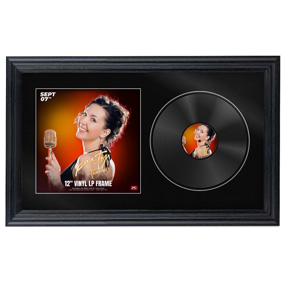 Procut Global 30x17" Black Vinyl Record Frame for 12 Inch LP Cover & Disc - Premium Display Classic Photo Frame - Engineered Wood with Shatterproof Perspex - Music Lover Gift - Black Mount