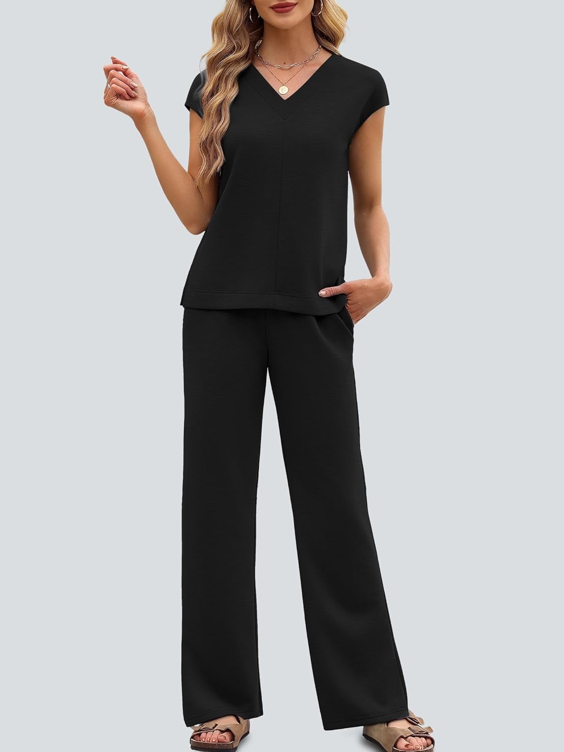 Casly Lamiit Two Piece Sets for Women Summer Travel Outfits V Neck Cap Sleeve Top Wide Leg Pant Set Casual Lounge Clothes - Image 2