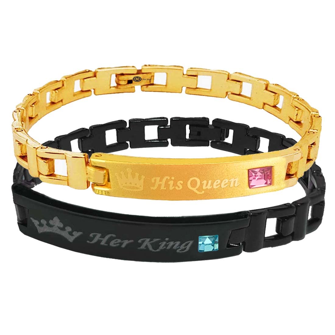 M Men StyleRomantic Couple Gift Crown King Queen Bracelet Cuff Wedding Jewelry Gift BlackRose Gold Metal for Men and Boys