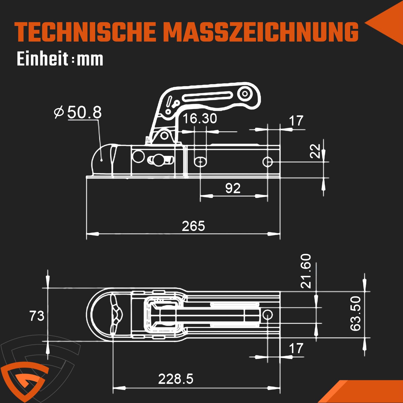 GEARMONSTER Attacco per rimorchio 800 kg, testa di aggancio quadrata, 50 mm, sfera universale, aggancio per rimorchio WW8-G