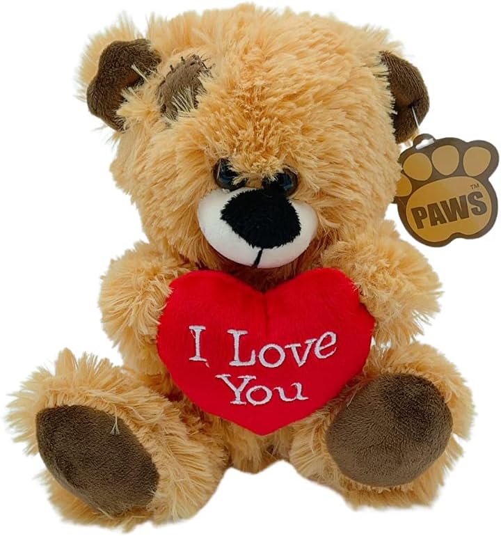 Brown Patchwork Teddy Bear holding Red Heart with "I Love You" written on it (Golden Brown, 8")