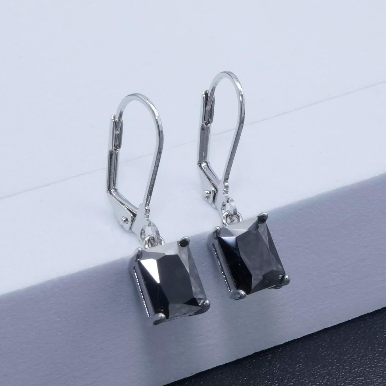 Rectangular-cut Leverback Dangle Earrings for Women Hypoallergenic Multi-color Cubic Zirconia Earrings Lightweight Diamond Drop Earrings Jewelry Gift for Wedding, 14K White/Gold Plated, 8mm - Image 4