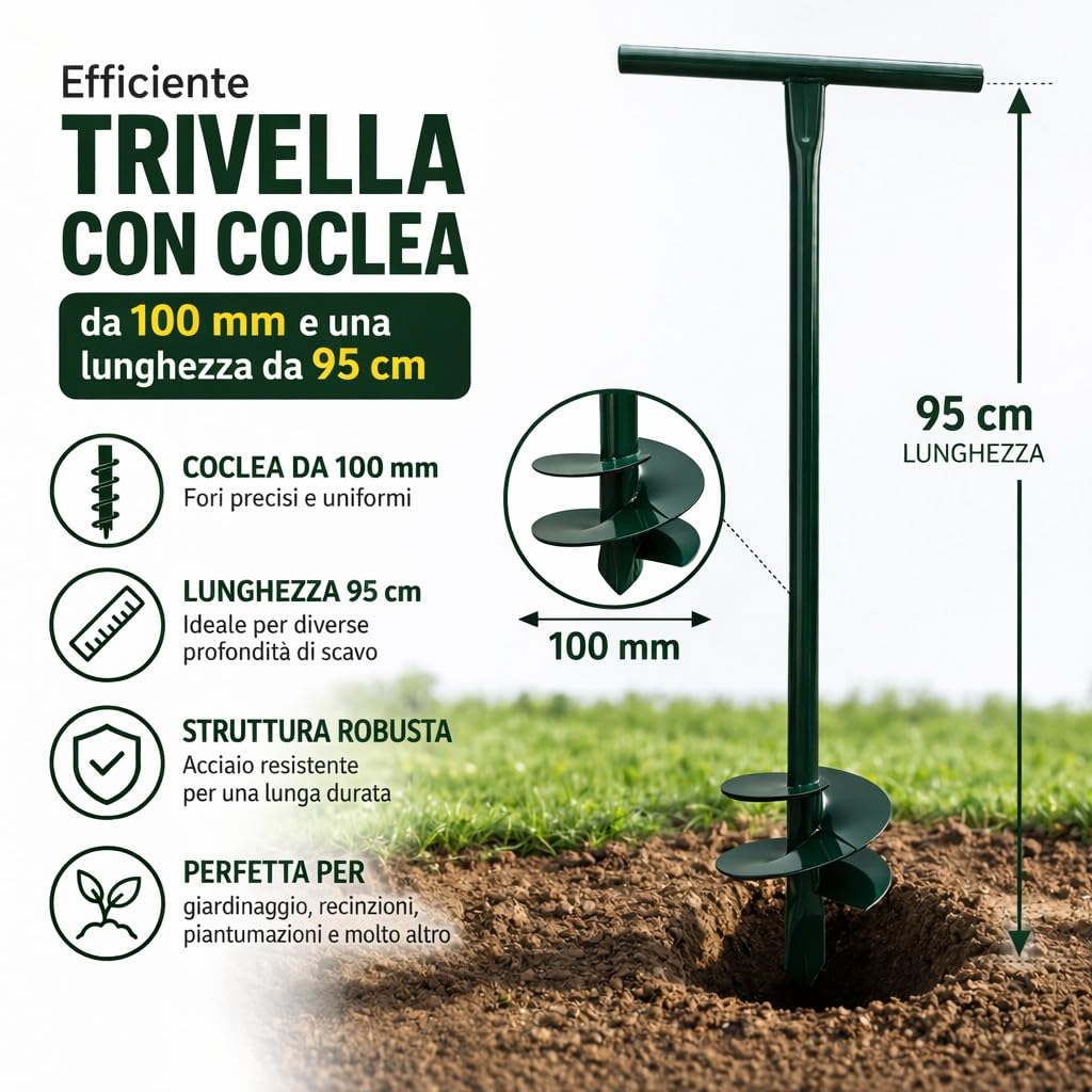 Trivella Manuale Cavabuche Punta Elicoidale in Acciaio 95cm X Ø 100mm ideale per Foraterra, Pali, Giardino e Terreno