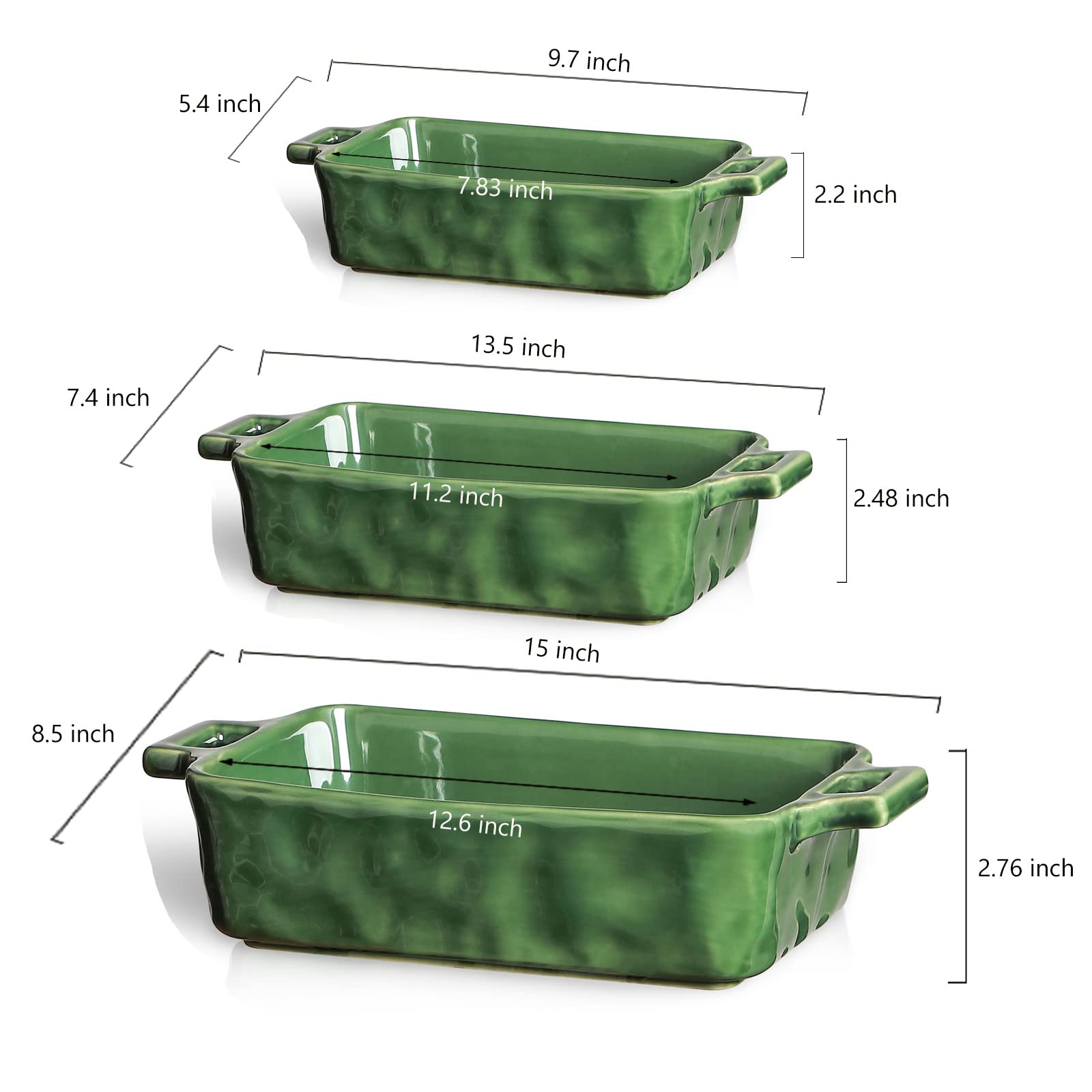 VICRAYS Ceramiczny zestaw naczyń do pieczenia, porcelanowe prostokątne naczynie do pieczenia, patelnia do lasagne, zestaw naczyń do zapiekanek, do gotowania, kuchni, kolacji na ciasto, bankietu i codziennego użytku, 3 szt., 35 x 21 cm (zielony)