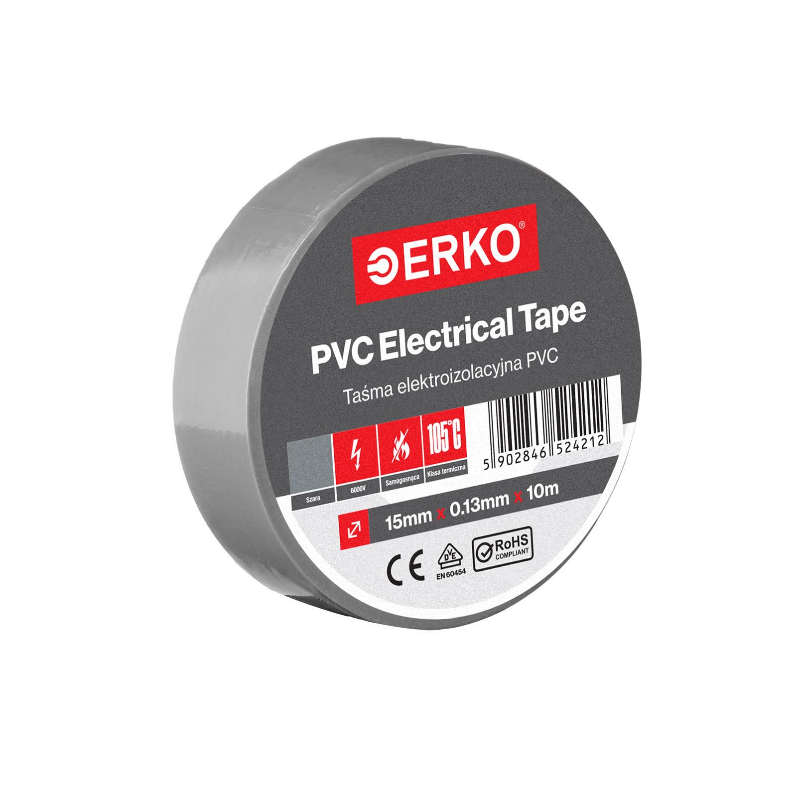 ERKO Taśma izolacyjna, szara, PCW, 15 mm x 10 m, do naprawy przewodów elektrycznych, bardzo elastyczna, o dużej sile klejenia, odporna na działanie środków chemicznych, polichlorek winylu, uniwersalna