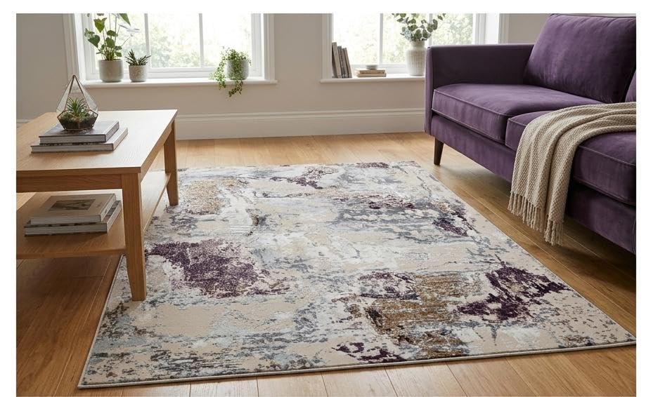 Image of 3x5 Feet (90x150 CM) Carpet for Bedroom Living Room & Hall - Violet Beige Modern Abstract Geometric Silk-Touch Luxury Hotel-Style Washable Anti-Skid Turkish Area Rug