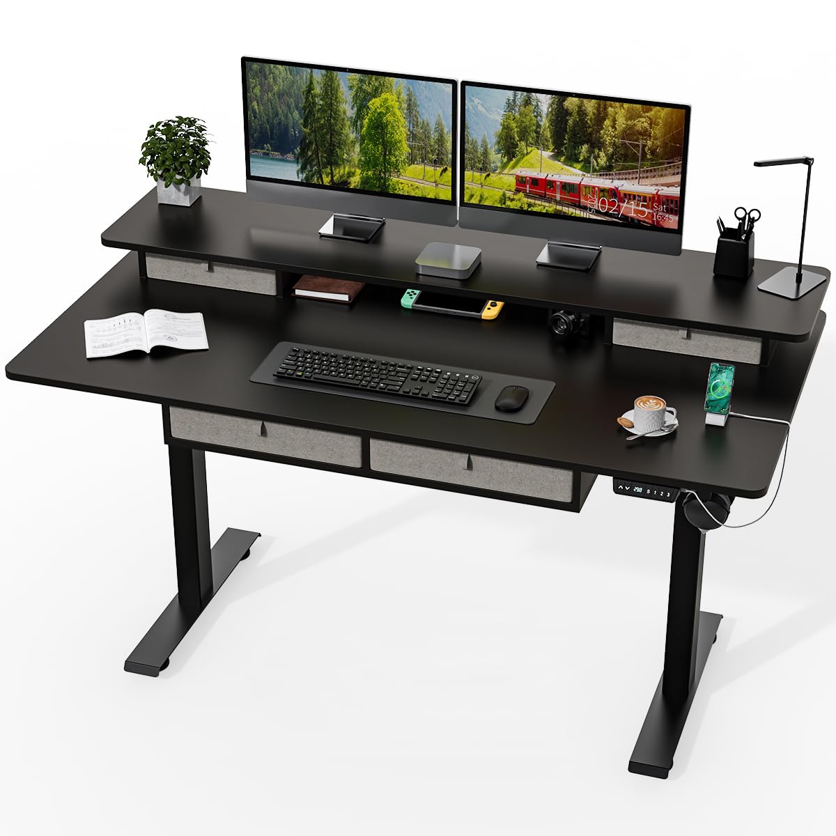 Kingant 63 x 30 Inch Electric Standing Desk with 4 Drawers, Adjustable Height Computer Desk for Home Office, Large Workstation Sit Stand Up Desk with