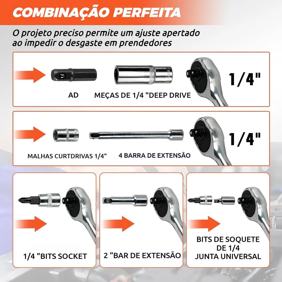 Jogo de Ferramentas Soquetes Caixa Ferramenta Sextavados 108 Peças CR-V com Maleta Profissional