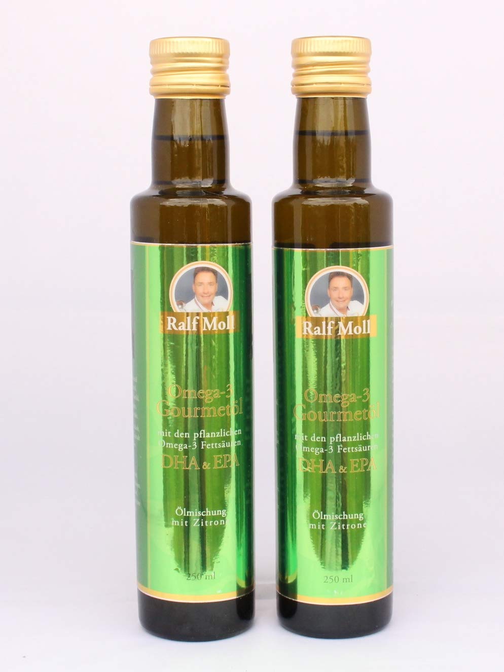 2 x 250 ml Omega-3-Gourmetöl mit DHA, Bio-Sesamöl, Bio-Olivenöl und Zitrone von Ralf Moll | Braunglasflasche mit Dosierer