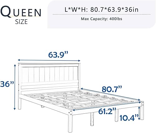 Miniatura 9 de Base de cama de plataforma de tamaño matrimonial con cabecera de madera, marco de cama clásico con soporte de listones de madera, no necesita