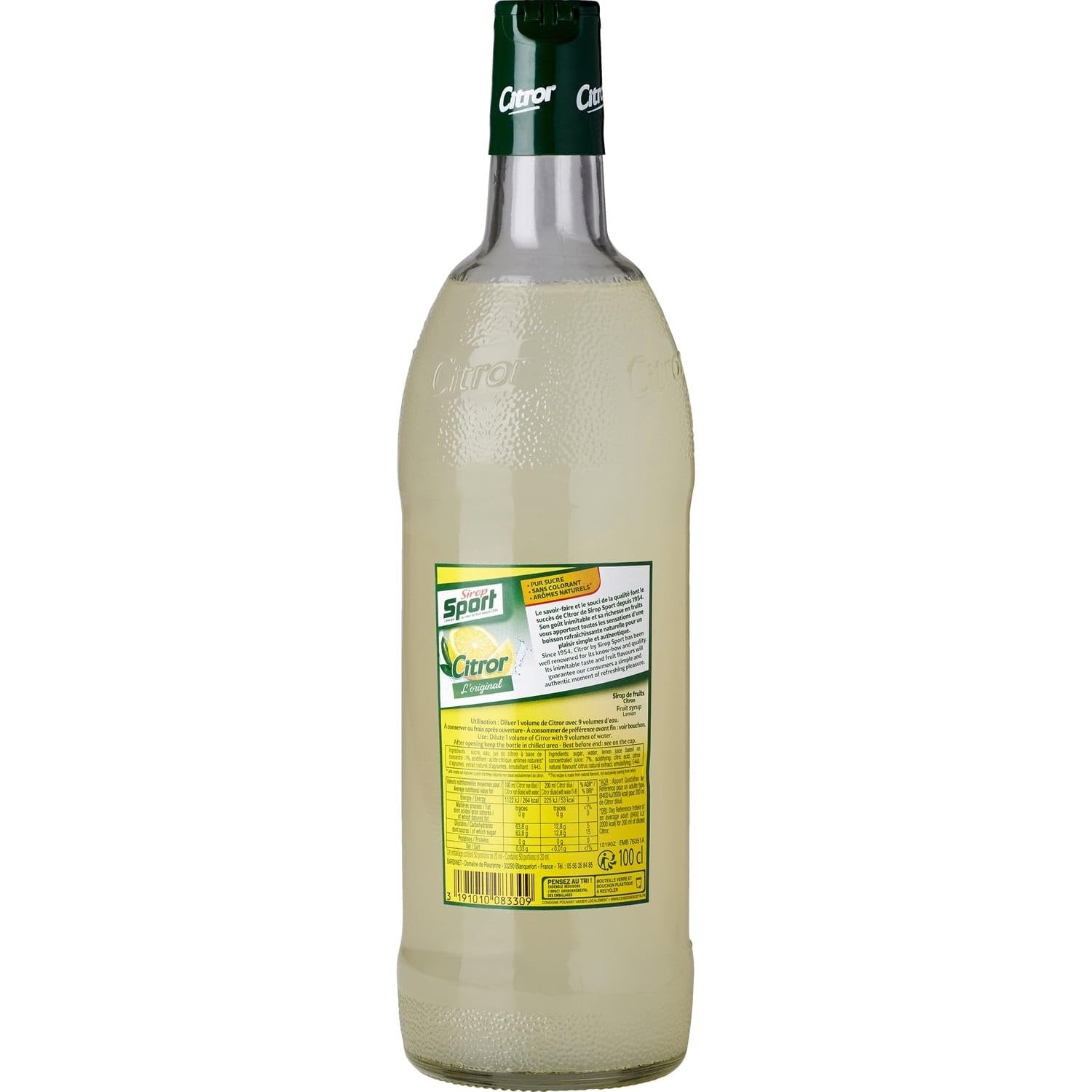 SIROP SPORT Sirop de Citron Pur Sucre Sans Colorant Arômes Naturels Bouteille Verre 1L L'Original depuis 1954 - Lot de 4