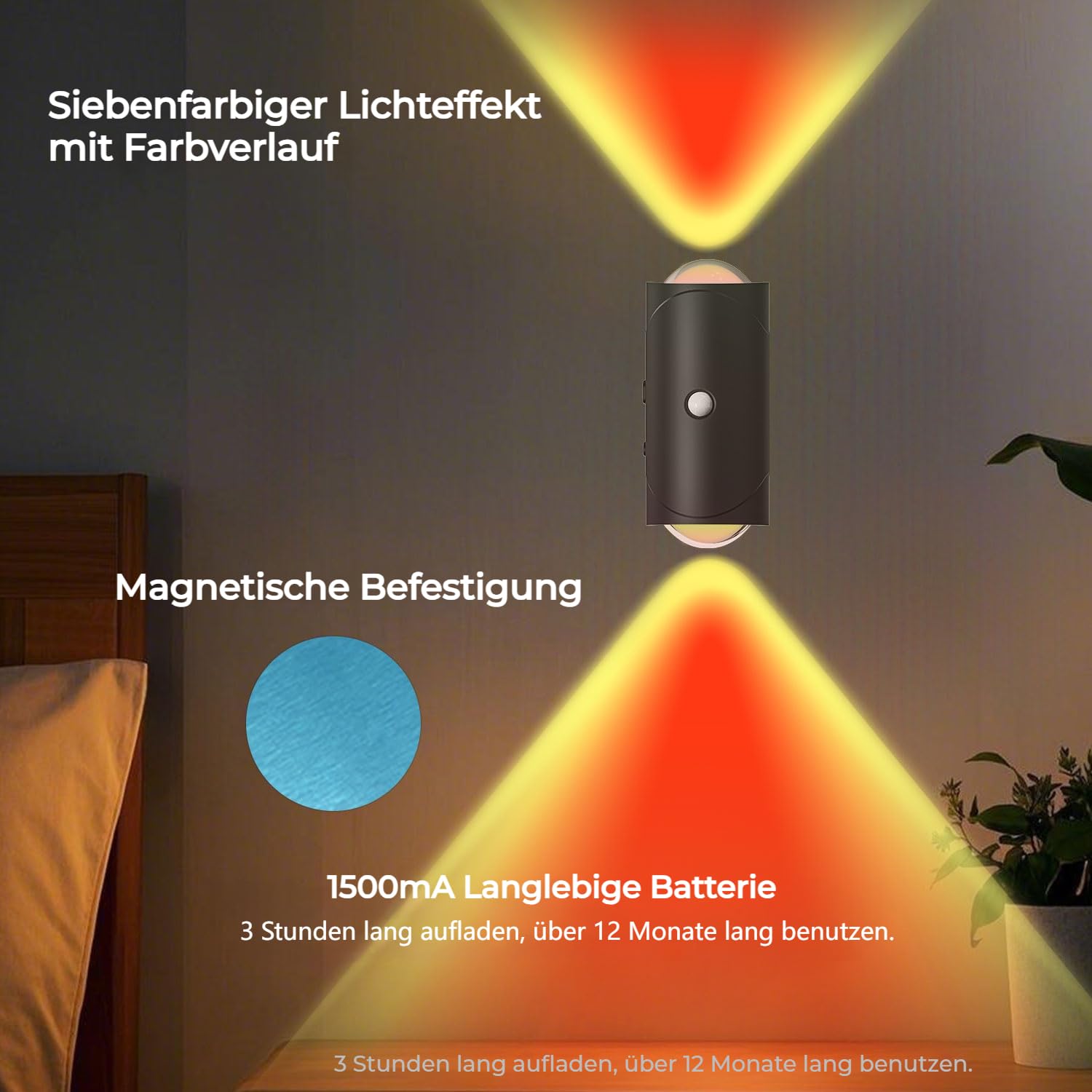 LED-Nachtlicht Kabellose LED Wandleuchte mit Bewegungssensor, Schwarz 4X