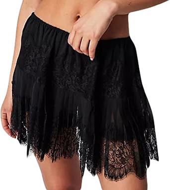 Muineobuka Women Y2k Lace Mini Skirts Summer Lace Slip Skirt Pleated Ruffle Floral Lace Tiered Short Skirts Underskirt