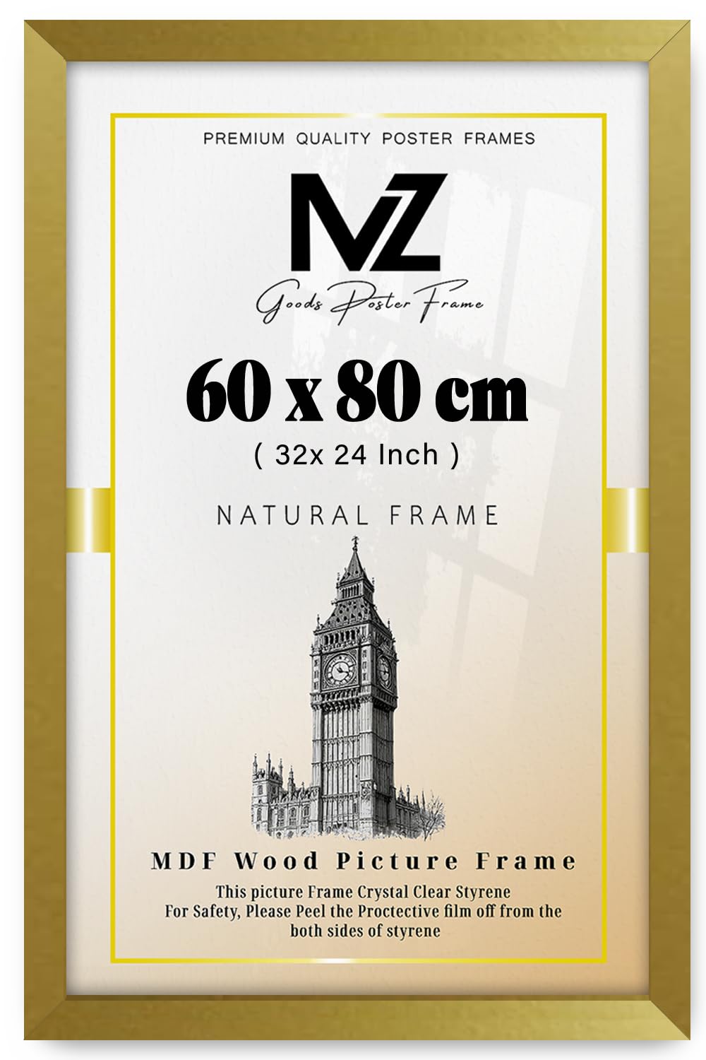 MZ GOODS | MDF Poster Frame (60 x 80 CM) 24" x 32" for Movie Posters, Sketch Art, MDF Wood Finish, Secure Hanging Hooks for Display [ Gold ]