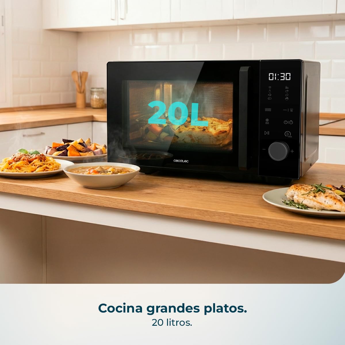 Cecotec Microondas sin Plato Proclean Flatbed Inverter Pro Silver. 800W, 20L, Tecnología Inverter y Flatbed, Cocción Uniforme, Mayor Espacio Útil, Avisador Acústico, Ahorro Energético