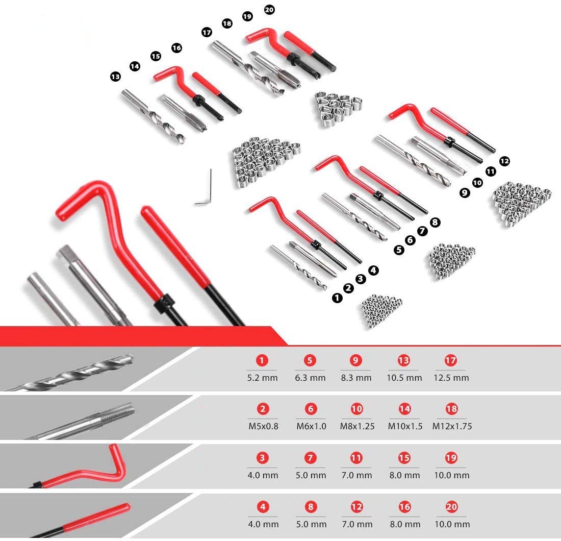 Juego de Reparación de Roscas, Kit Helicoil M5 M6 M8 M10 M12, 131 piezas | ROSCAS DAÑADOS HELICOIDALES HELICOIL Dientes PASADOS DE Tuerca