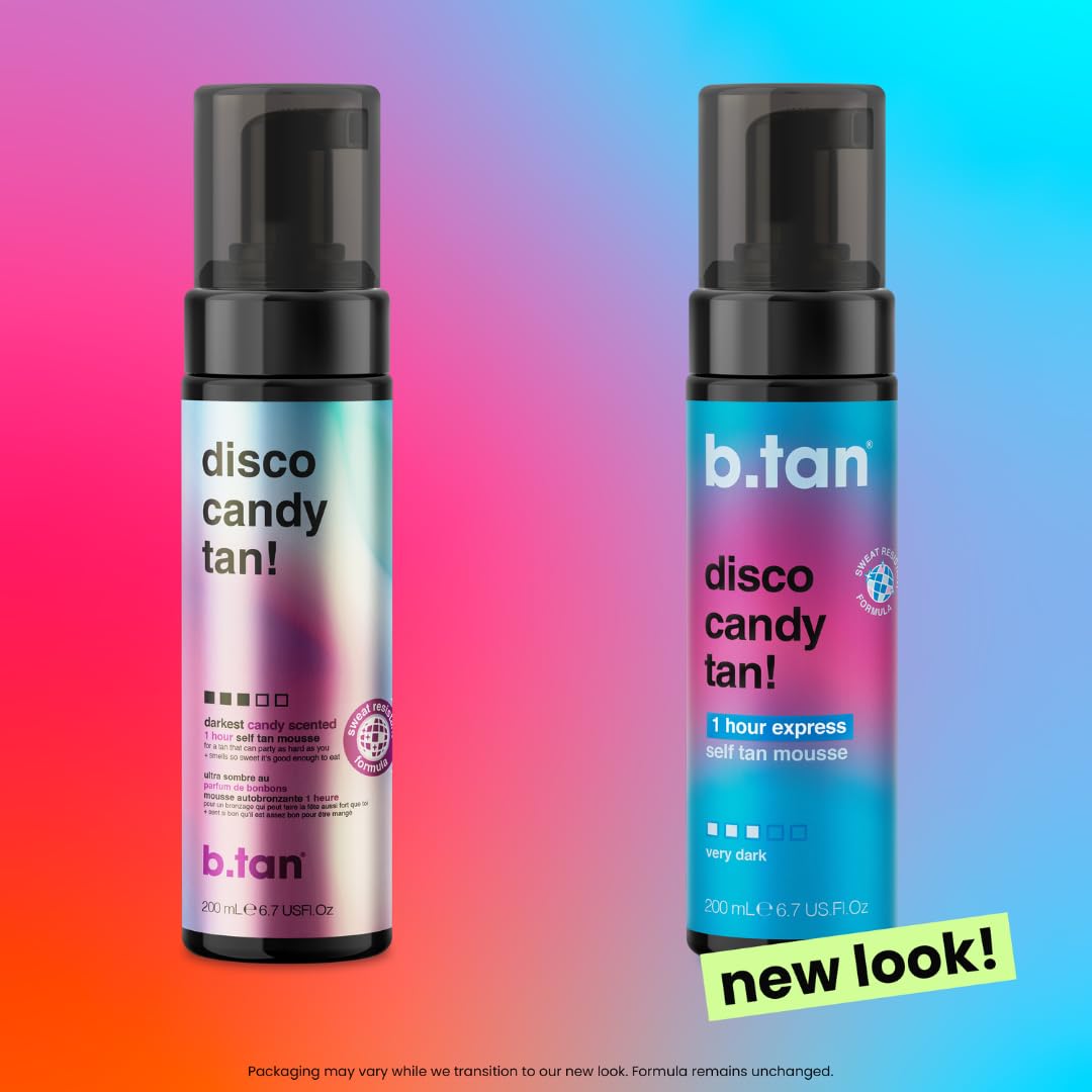b.tan Self Tanner | Disco Candy Tan Self Tanning Mousse - Fast, Dark Self Tan That Parties as Hard as You, Candy-Scented, Sweat-Proof & Transfer Resistant, Vegan, Cruelty + Paraben Free, 200 ml