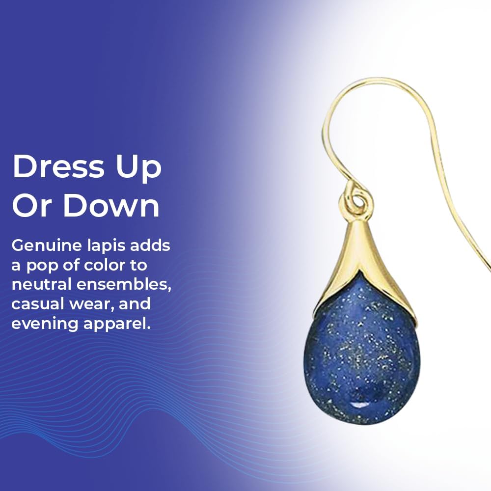 Genuine Lapis Lazuli Teardrop Earrings, 14K Gold over Sterling Silver Dangle Setting, Gemstone Jewelry for Women