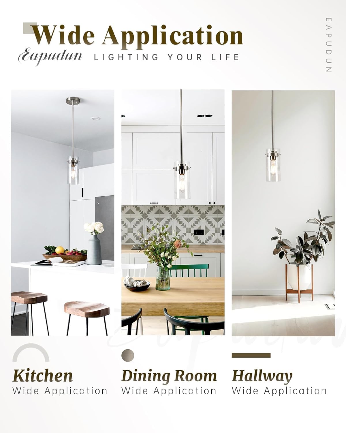 EAPUDUN Pendant Lights Kitchen Island (3 Pack), Clear Glass Shade Kitchen Lighting fixtures Ceiling Hanging, Black Pendant Lights for Kitchen Island,Dining Room,Corridor Bedroom E26 Base