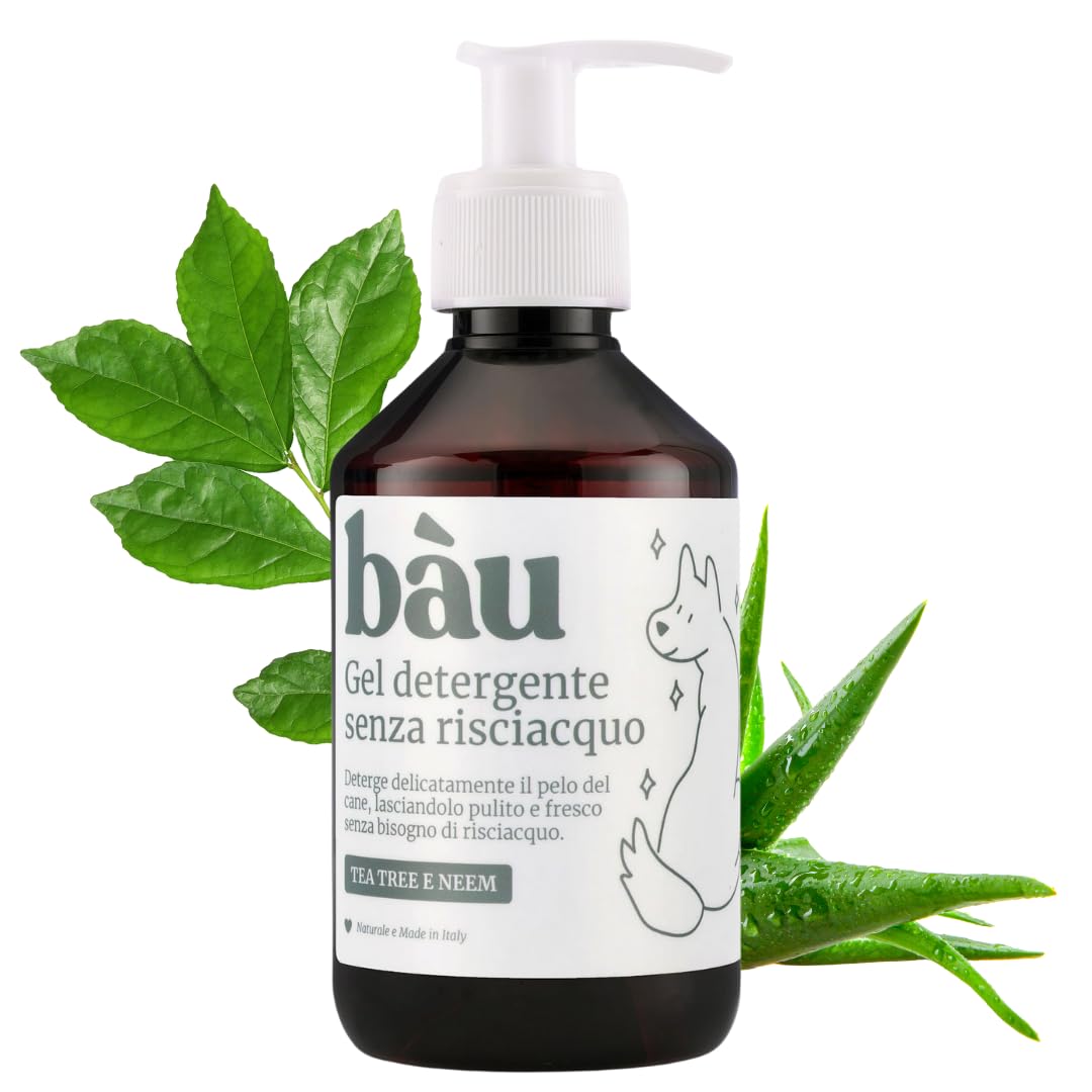 Bau Cosmesi Gel Detergente Senza Risciacquo, Shampoo Secco per Cani, Igienizzante e Idratante - Senza Parabeni e Siliconi, Naturale e Bio con Aloe Vera - Dermatologico, 250 ml