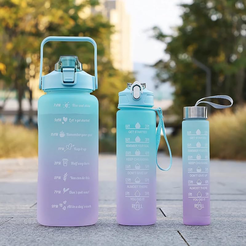 Image of MOTIVATIONAL 3-Pcs (2000ML-900ML-300ML) Water Bottle with Straw & Time Marker | Leak-Proof Sports Bottle for Gym, Office, School | Break-Resistant Silicone Bottle for Daily Hydration (Green)