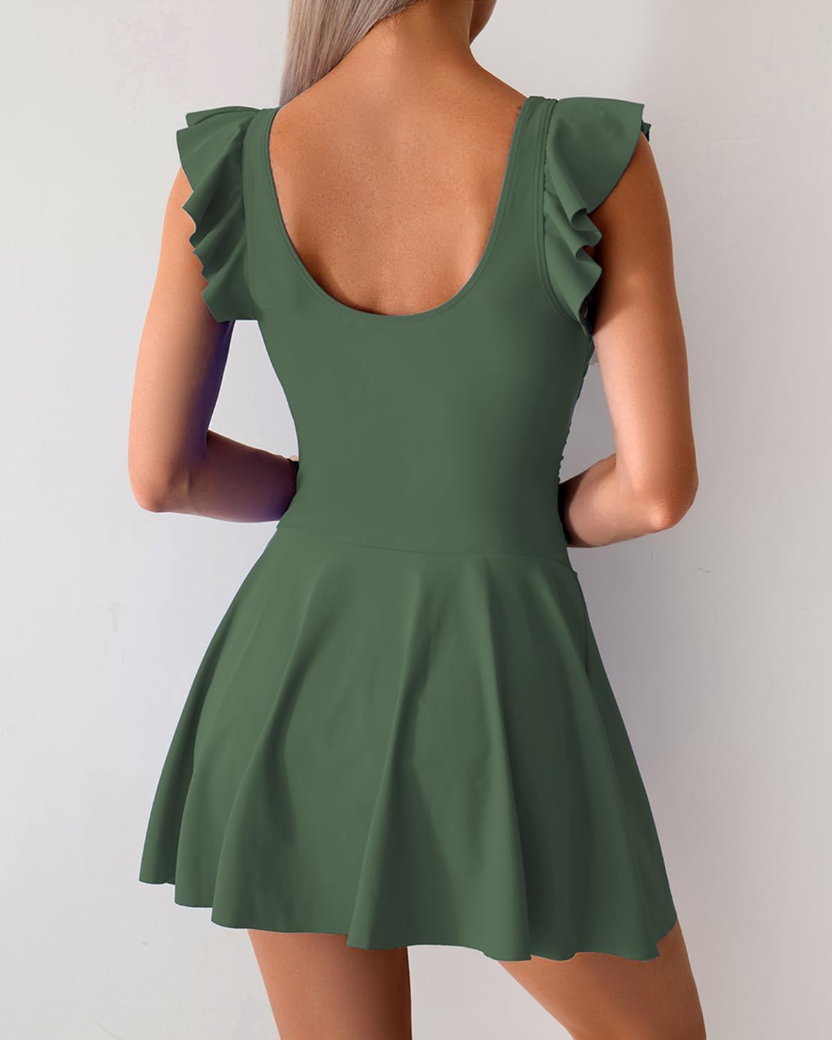 Limeeke Women One Piece Swim Dress Tummy Control Swimsuit Slimming Ruffle Side Tie Kont Swimdress Bathing Suit Army Green XL