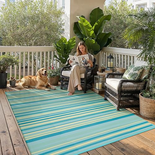 Outdoor Plastic Straw Rug Waterproof Patio 6x9 Teal Yellow Stripe Mat for Porch Camping RV Balcony Deck Courtyard Reversible Lightweight Durable Portable Carpet 6' x 9' (Rectangular) Stripe