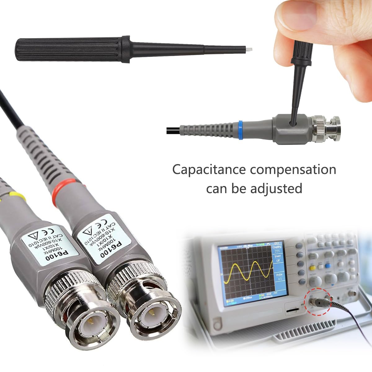 2 Stücke P6100 Oszilloskop Probe Kit 100MHz Scope Clip Testsonde mit BNC zu Mini Hakenleitungen, BNC Stecker zu BNC Stecker Kabel,für die meisten Oszilloskope