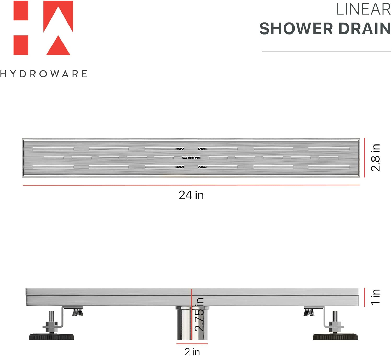 Hydroware Linear Shower Drain - Stainless Steel Rectangular Shower Floor Drain with Removable Patterned Grate , Hair Strainer, Threaded Adapter - Multiple Modern Matte Shower Drain - - 