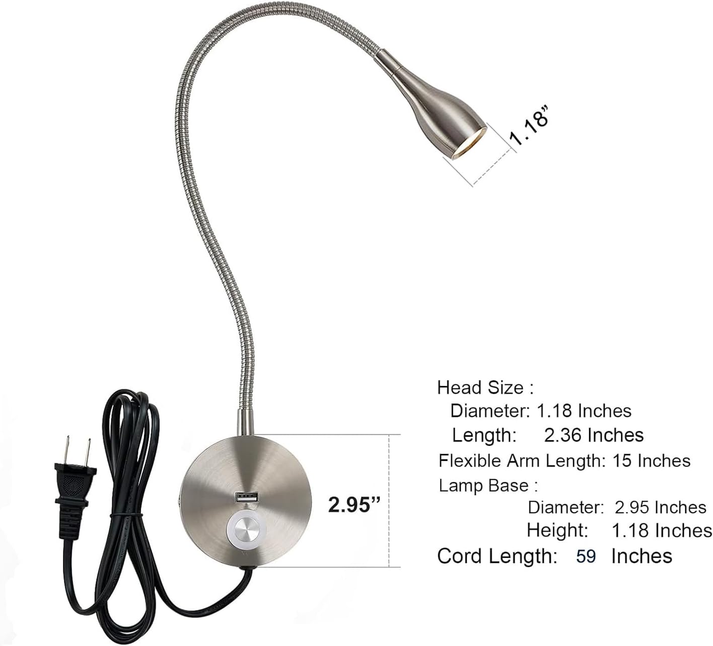 LED Gooseneck Wall Reading Lamp with Switch, Touch Dimmable and USB Charging, Adjustable Color Temperature 3000-6000K, Bedroom and Office Wall Mounted Light, Black