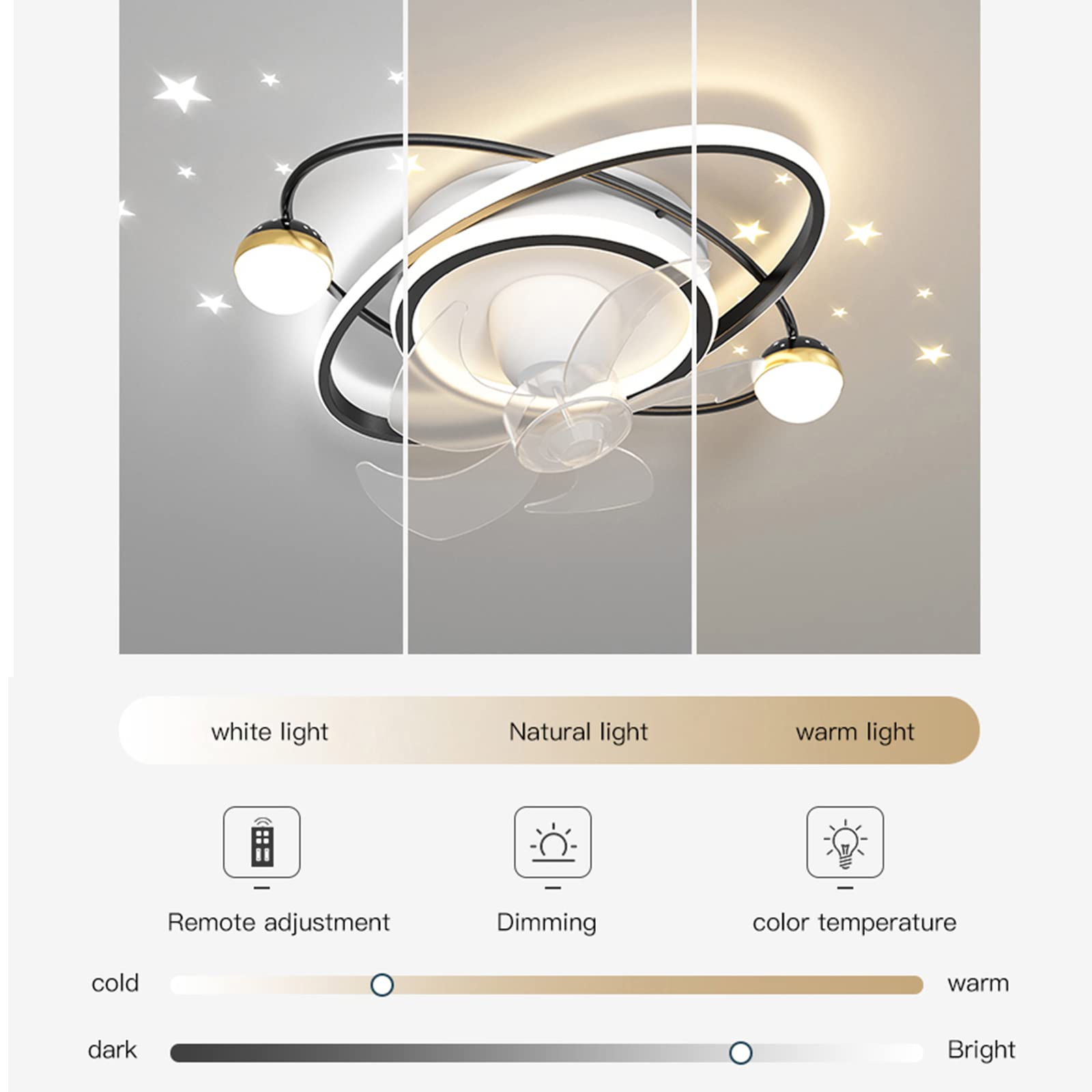 CUNTO Ventilatore da soffitto moderno con luce a LED e telecomando, plafoniere dimmerabili con ventilatore per la casa, soggiorno, camera da letto, lampada da soffitto alla moda, lampadario, nero