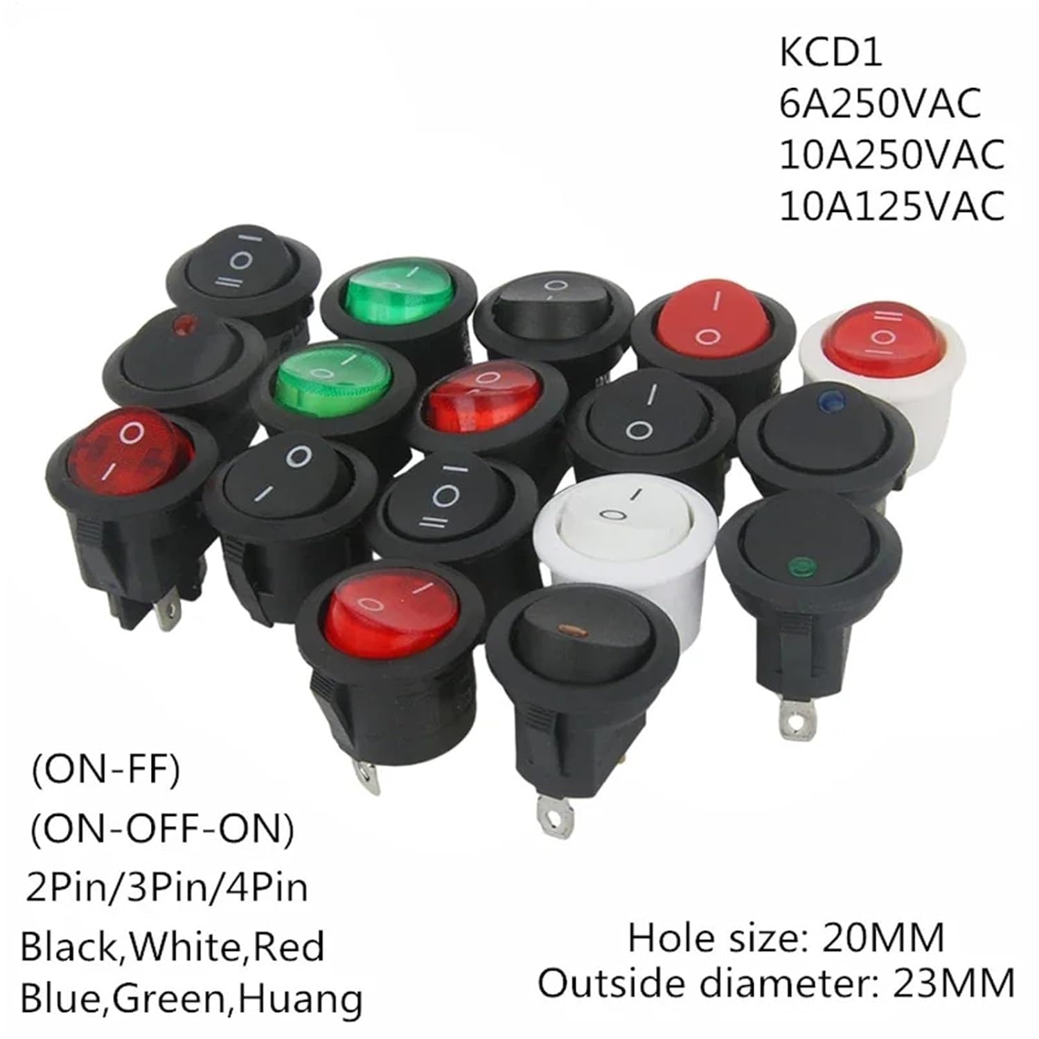 5PCS ON/Off Round Rocker Switch LED Illuminated Car 12V 24V / 6A 250V / 10A 125V 2/3/4PIN Switch 20MM(3Pin Black ON-Off)