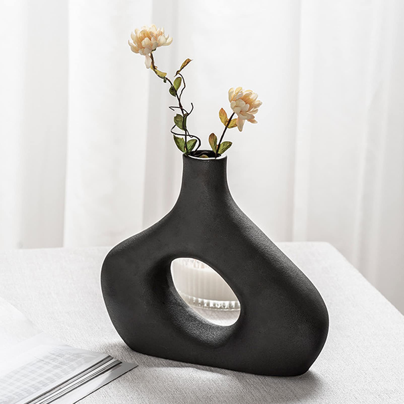Keramik Blumenvasen,Vase für Pampasgras Schwarz Weiß Matt,Handmade Vasen Hochzeit Tischdeko,Deko Wohnzimmer Moderne Kreative Hohles Design,für Home Office Dekoration (Set of 2)