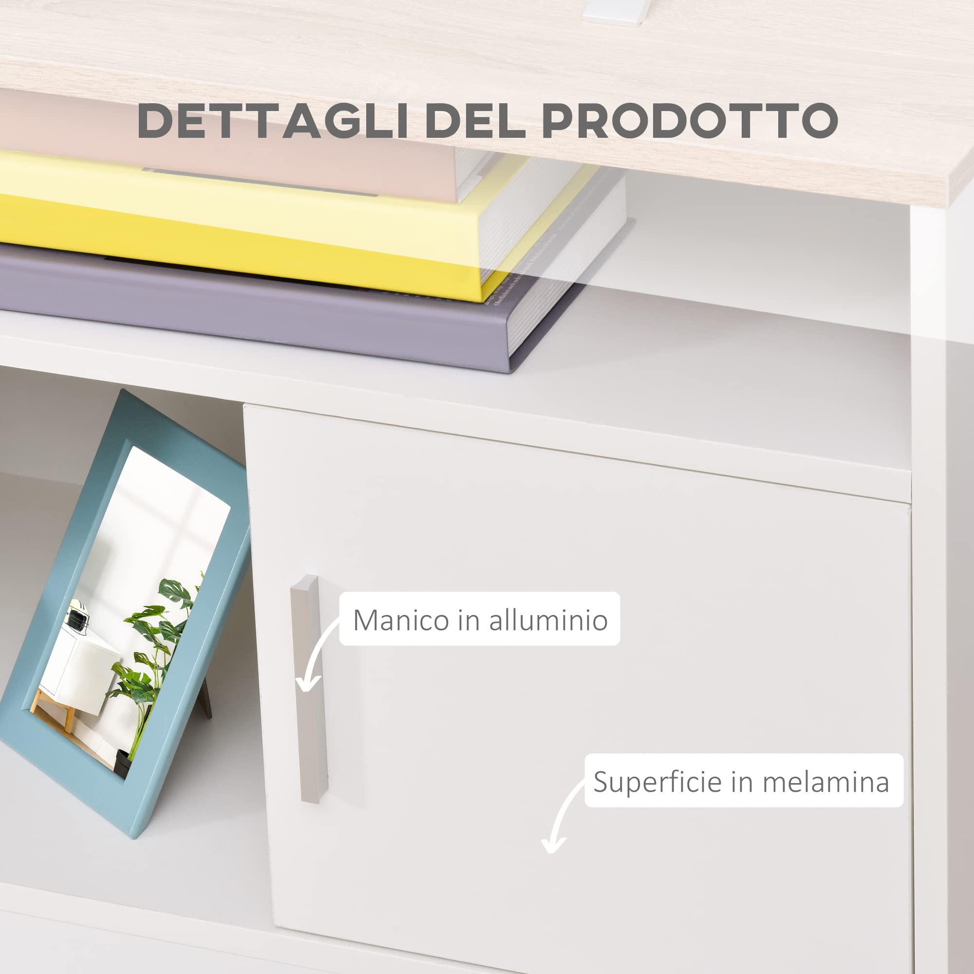 HOMCOM Mobile TV con 3 Scomparti Aperti, 2 Armadietti e Piano d'Appoggio, Mobile per TV fino a 50" in Truciolato, 105x40x52cm, Bianco e Legno