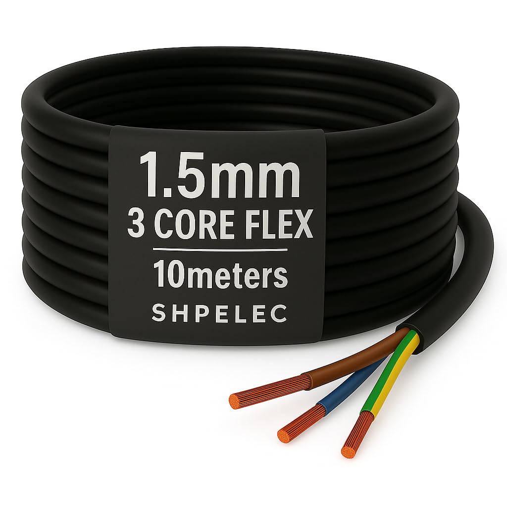 SHPELECFlexible Black Cable 3183Y | 1.5mm 3 Core | BASEC Approved PVC for LED Lighting | Multiple Length Options (10 Metres)