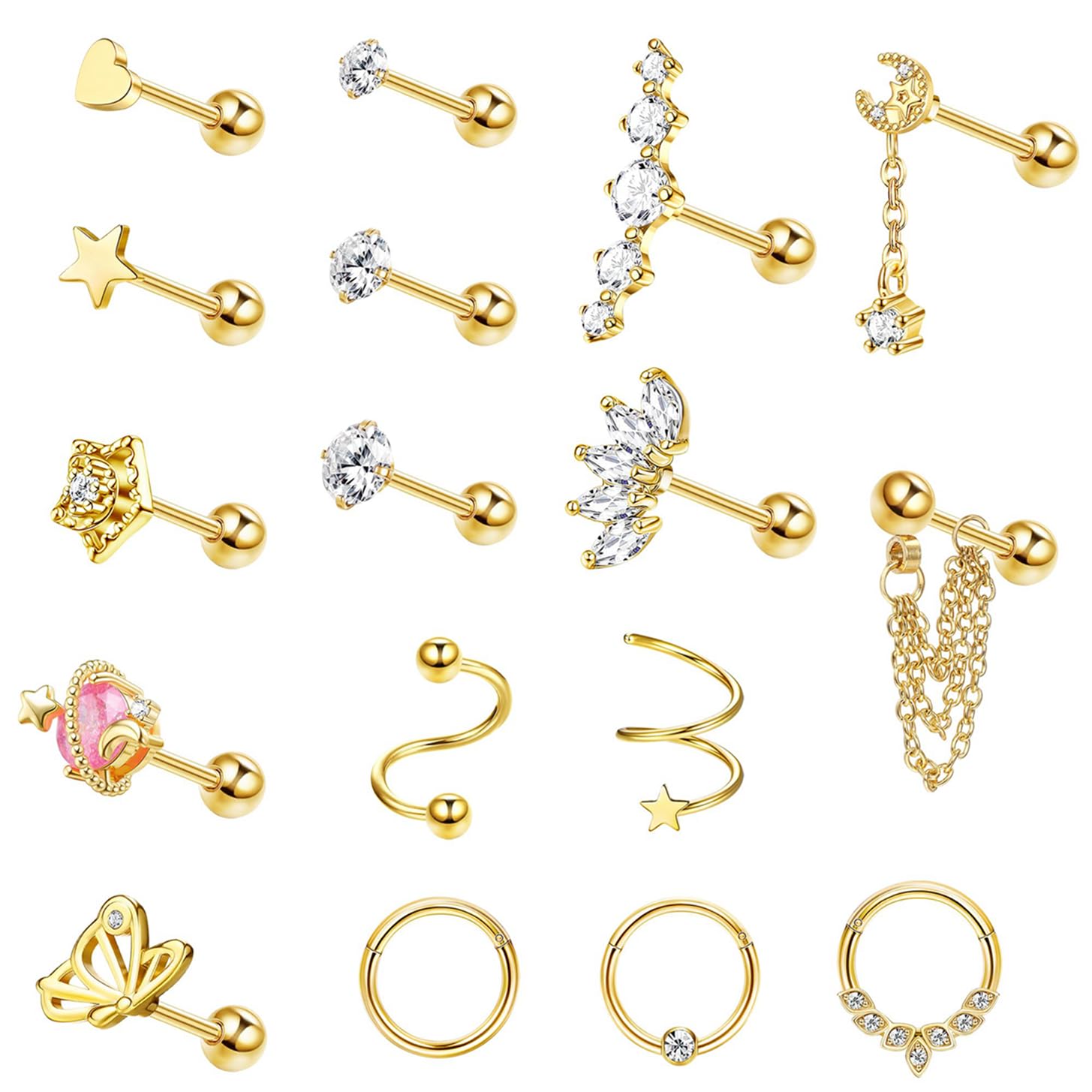 KALVICA 17 Piezas Hipoalergenicos Pendientes Mujer Acero Quirurgico Helix Piercing Oreja Cartilago Pendientes Para Mujer CZ Piercing Tragus Conch Nariz Labio 16G Plata Oro Oro Rosa