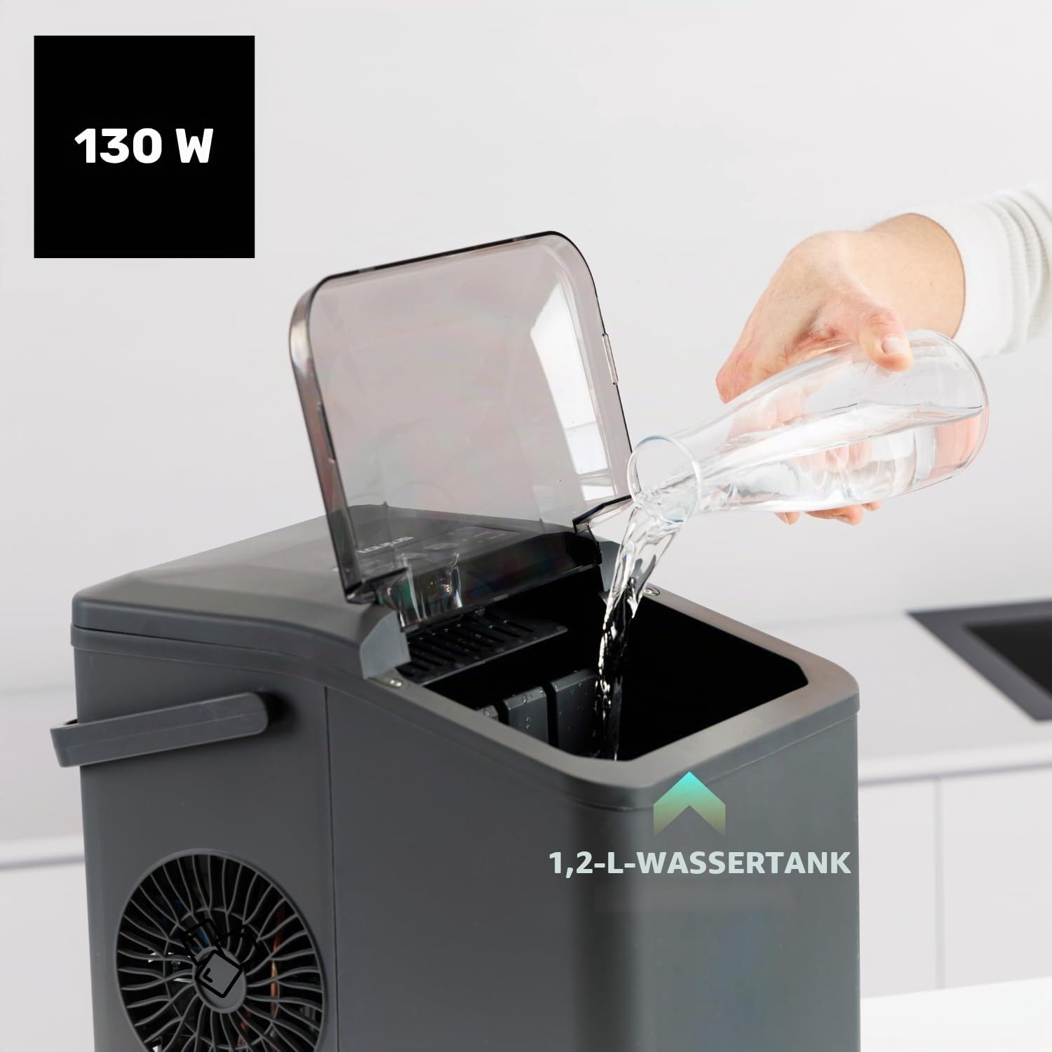 Taurus - Eiswürfelmaschine 130 W | 12 kg/24 h | 6 Min. | 2 Größen (groß/klein) | ultraleise | Selbstreinigung | Sichtfenster | tragbar