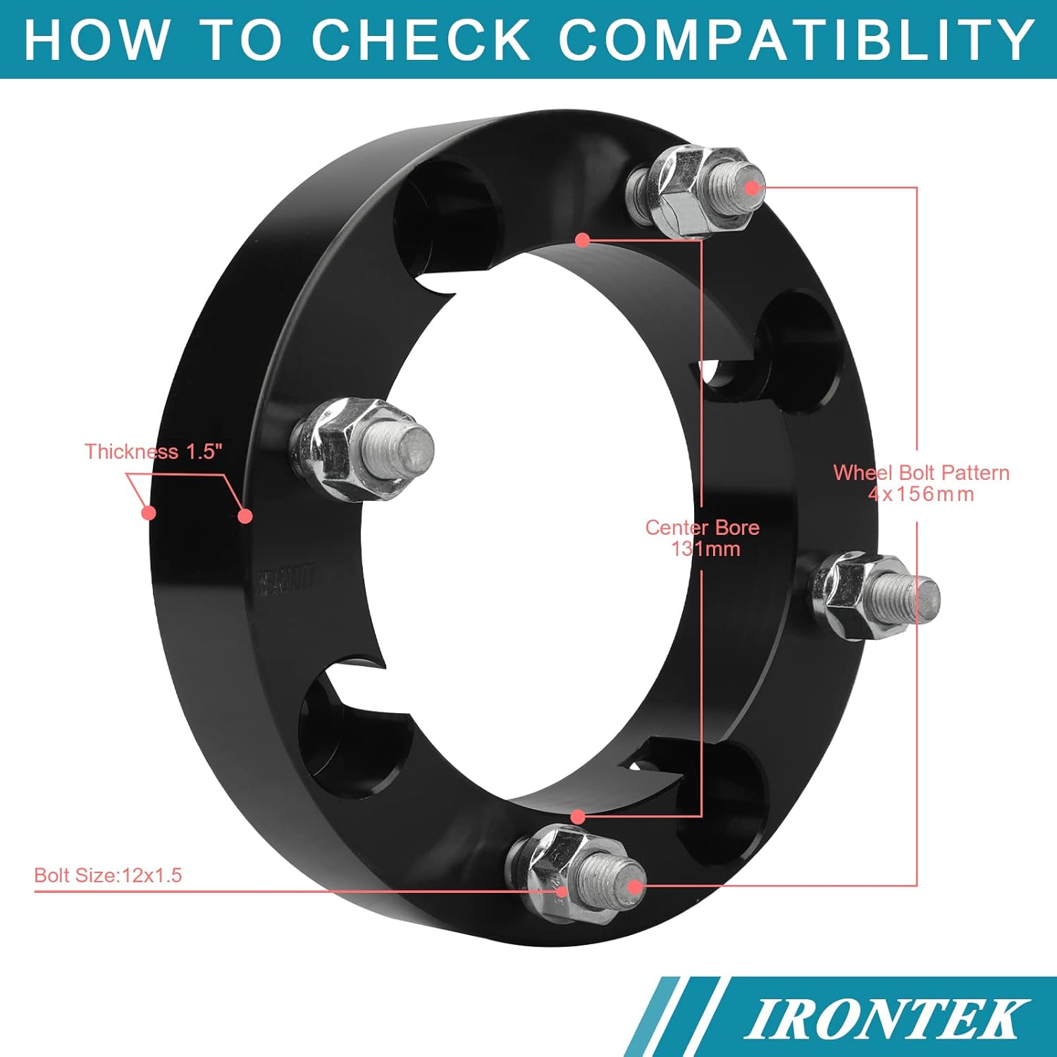 IRONTEK 4x156mm ATV Wheel Spacers 1.5" Thickness with 12x1.5 Studs 131mm Hub Bore Fit for Polaris Sportsman 400 500 600 700 800 ATV UTV RZR