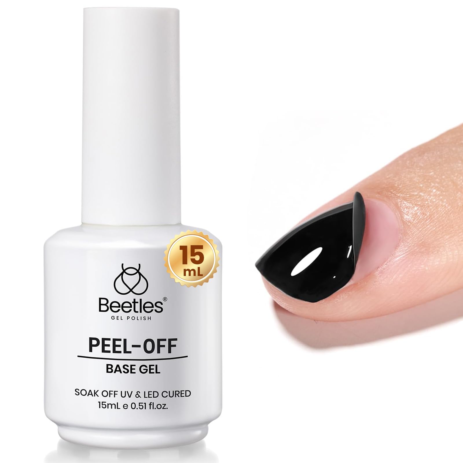 Beetles Peel Off Base Coat for Gel Nail Polish, 15ml Peel off Gel Base Coat Easy Removal, UV LED Lamp Peel off Nail Polish without Damage, Long Lasting Peelable Base for Beginners Weak Thin Nails Black