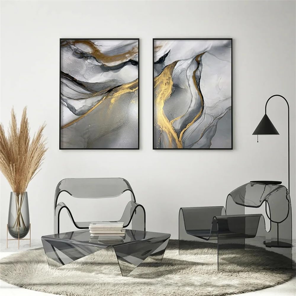 WBYZAC 2 Pieces Poster-Abstract Gold Black Ink Liquid Marble Watercolor Poster Modern Wall Art Canvas Painting Print Picture Living Room Kitchen Office Home Decor-60 * 80cm (No Frame)