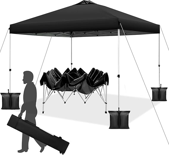 WEIZE 10x10 pop up Canopy Tent, One-Button Push Setup, Adjustable Height pop up Gazebo, Instant Portable Shelter, 4 Weight Bags, Sun Shade for Events & Camping, Silver Coated Top, Black