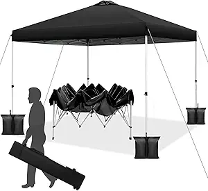 WEIZE 10x10 pop up Canopy Tent, One-Button Push Setup, Adjustable Height pop up Gazebo, Instant Portable Shelter, 4 Weight Bags, Sun Shade for Events & Camping, Silver Coated Top, Black