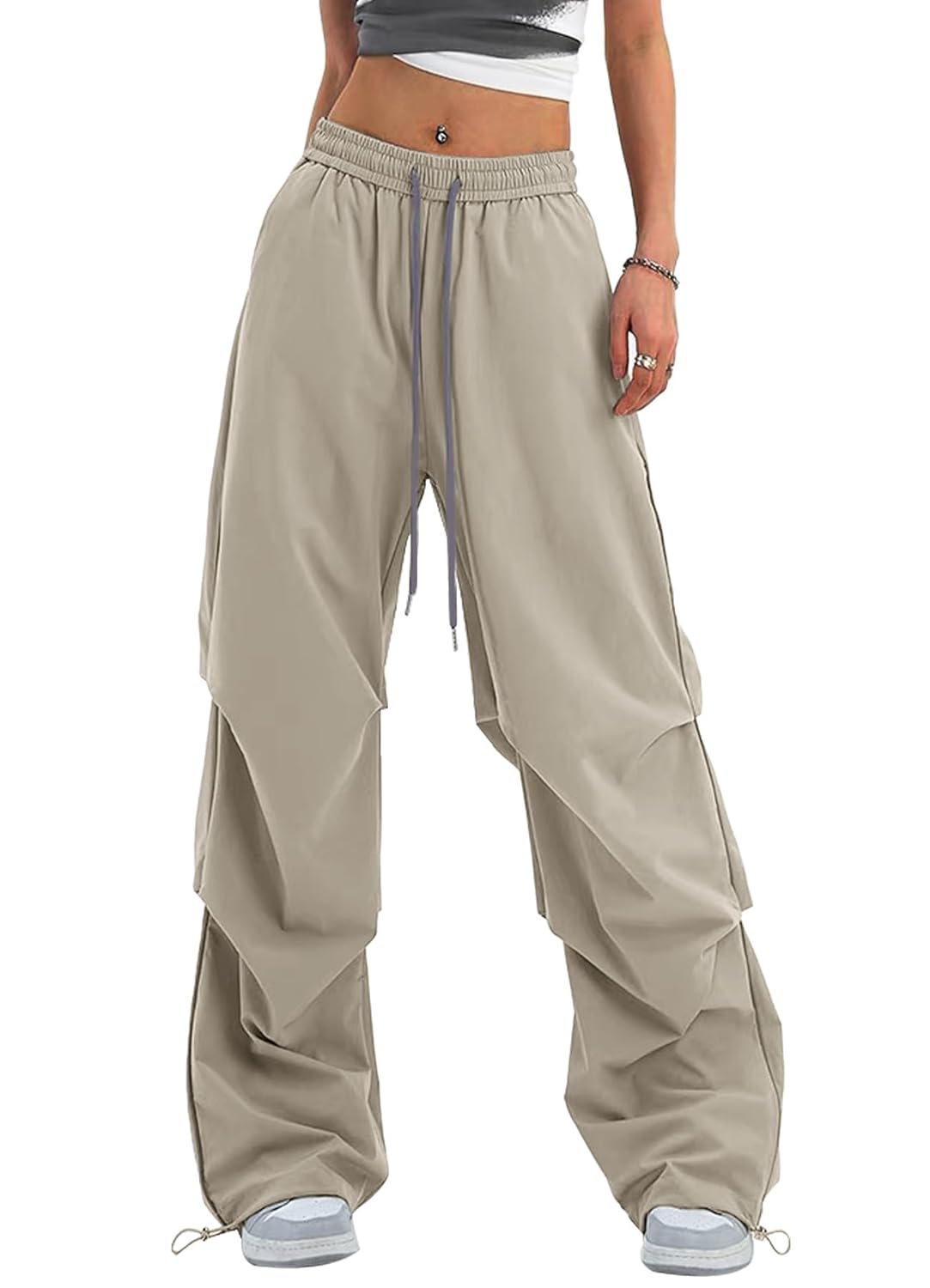 Bakyarder Womens Y2K Baggy Parachute Pants High Waist Wide Leg Casual Track Pants with Adjustable Drawstring Waist