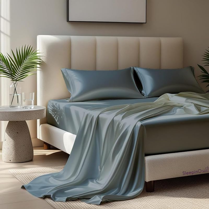 Image of Premium Satin Single Bed (60x90 Inchs) with 1 Pillow Cover Bedsheet Ultra Soft & Silky Smooth, Breathable Cooling Fabric, Luxury Glossy Finish|Coin Grey