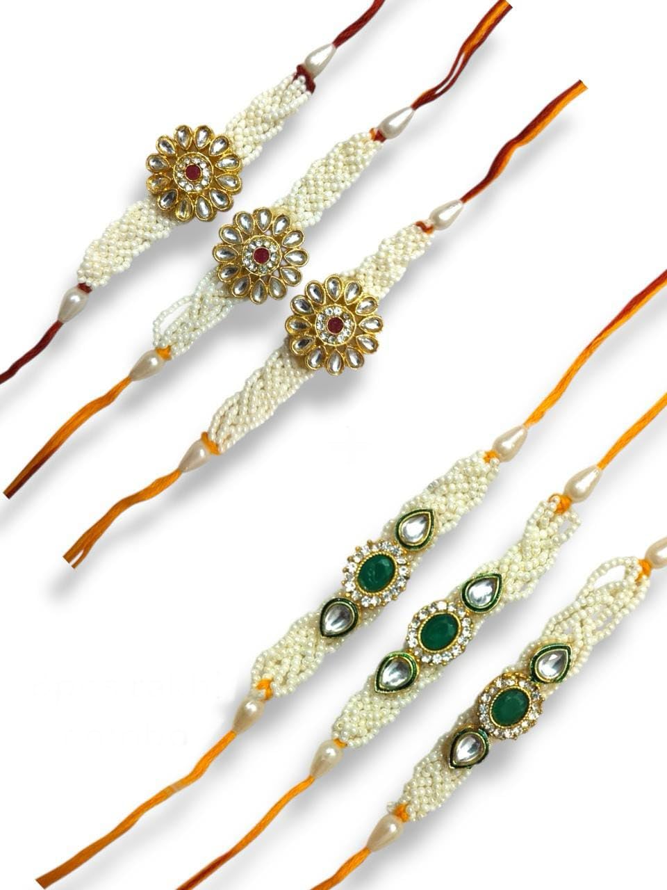 Designer Rakhi Set, Pearl and Kundan Traditional Rakhis with Gold-Plated Accents, Pack of 6