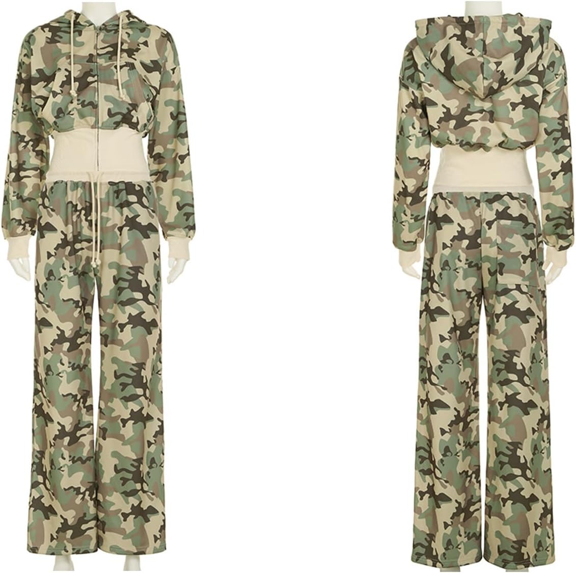 LETSVDO Women's 2 Piece Outfits Sweatsuit Camo Zip Up Crop Hoodie Sweatshirt Y2k Wide Leg Camouflage Sweatpants Set - Image 7
