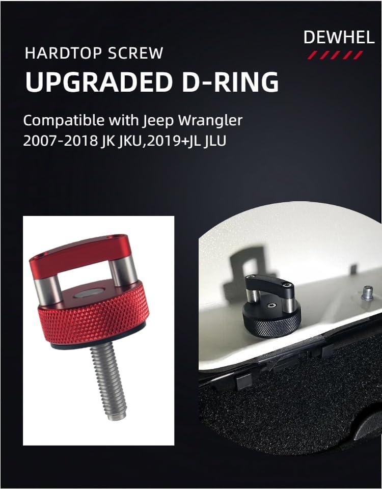 Image of DEWHEL Aluminum Red Hard Top Quick Removal Fastener Thumb Screws W /D-Ring Compatible with Jeep Wrangler JK JKU JL JLU JT